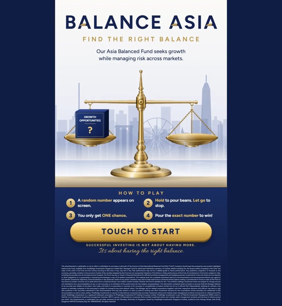 Balance Asia touchscreen game start screen with a golden scale