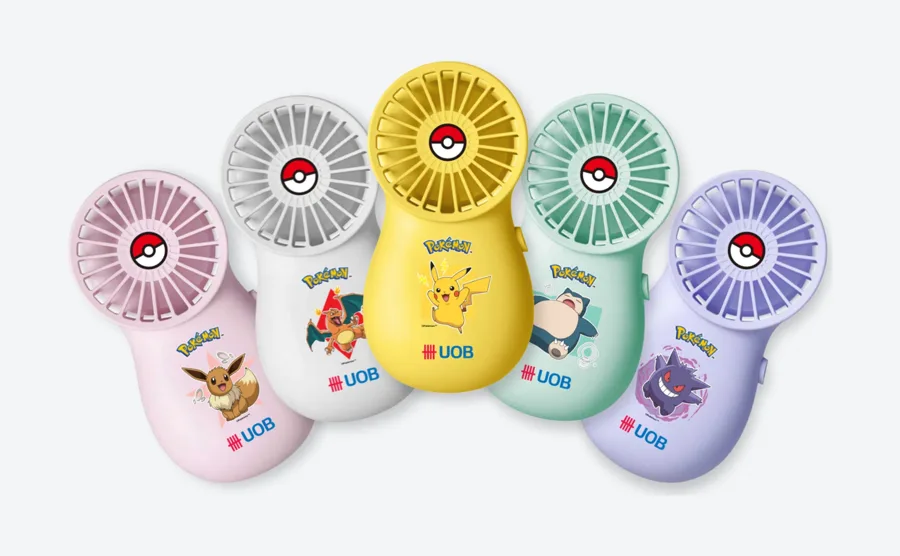 Five pastel mini fans, one per character, co-branded for the bank campaign