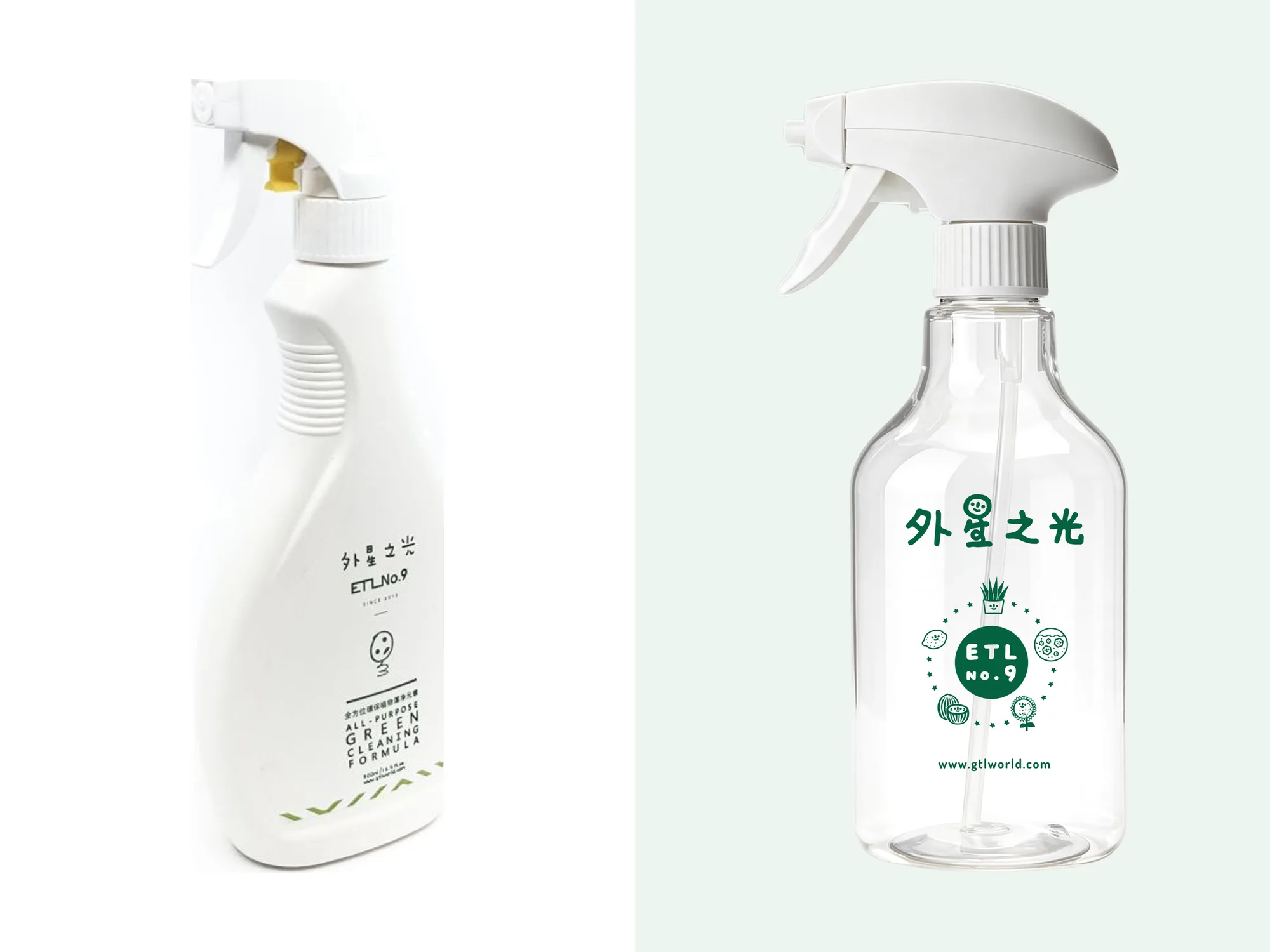 ETL cleaning products: the old sad-face label beside the new No.9 spray