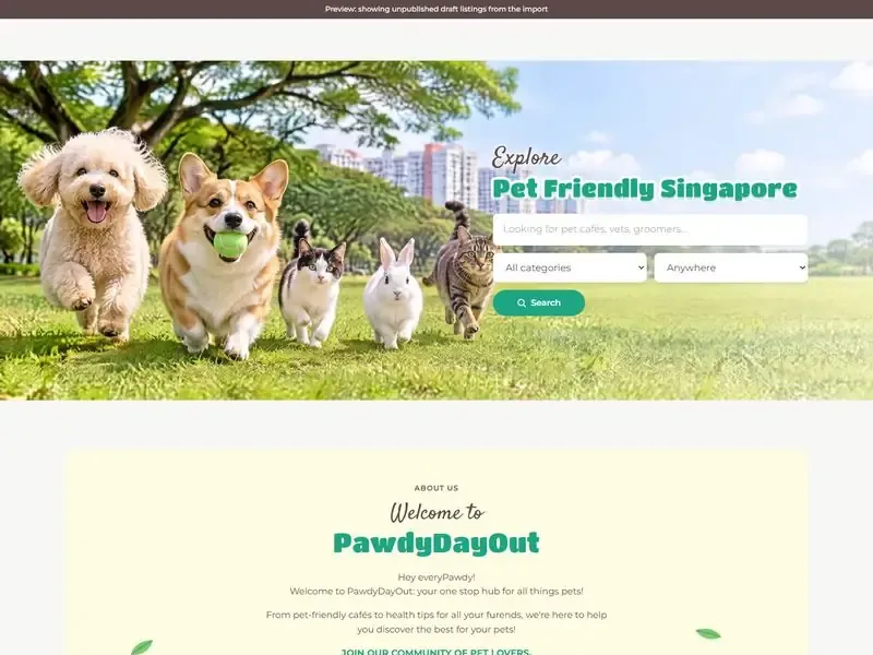 PawdyDayOut homepage with dogs running in a park