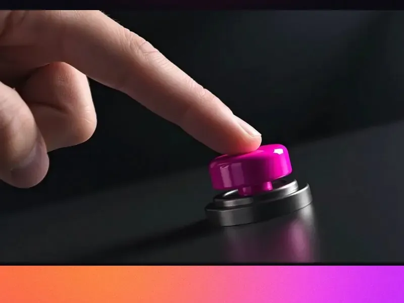A finger pressing a glowing pink button on the PushButton site